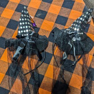Pair of Black / Silver Witch Hat Headband with Sequins and Mesh